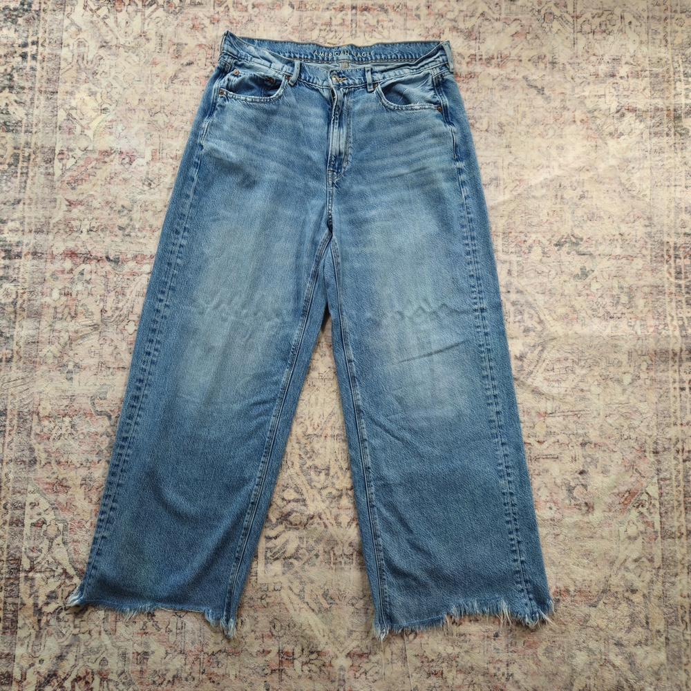 American Eagle High Rise Baggy Wide Leg Light Blue Jeans Sz 14 18"Waist